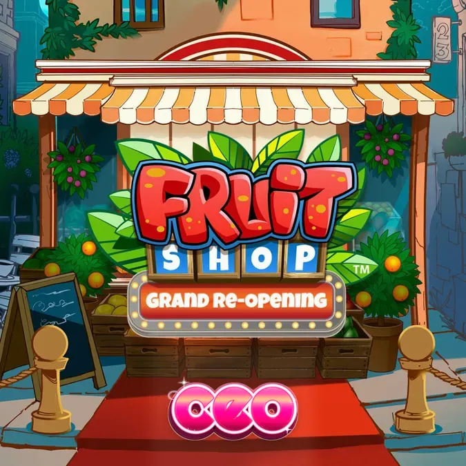 Fruit Shop Grand Re-Opening slot game interface featuring vibrant fruit symbols and the Flavor Meter.
